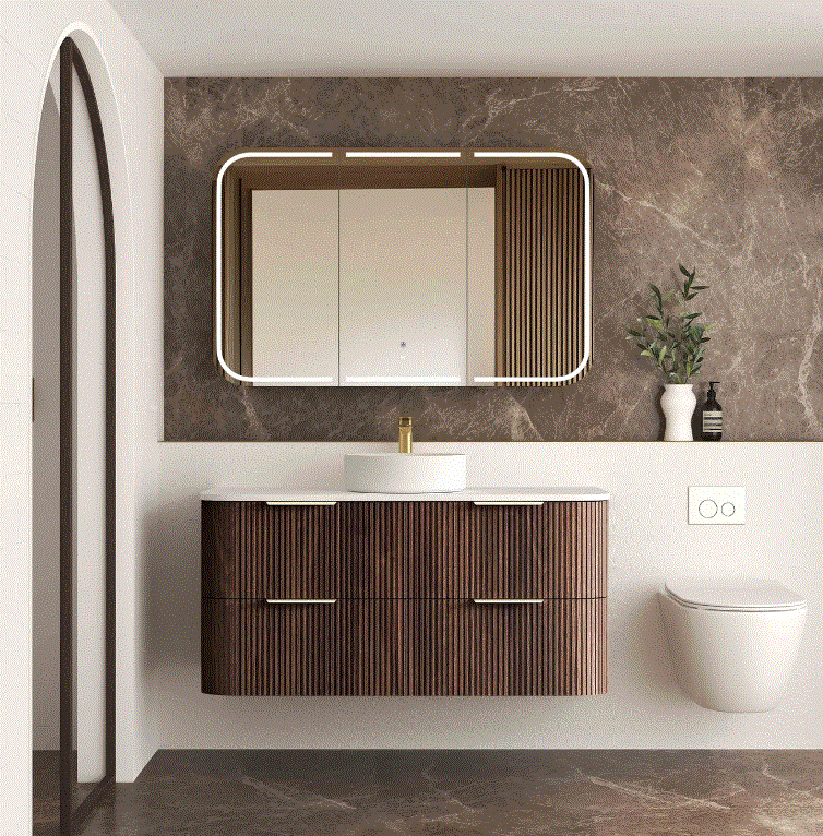A Havana 1200mm Sable Walnut Fluted Wall Hung Fluted Curve Vanity
