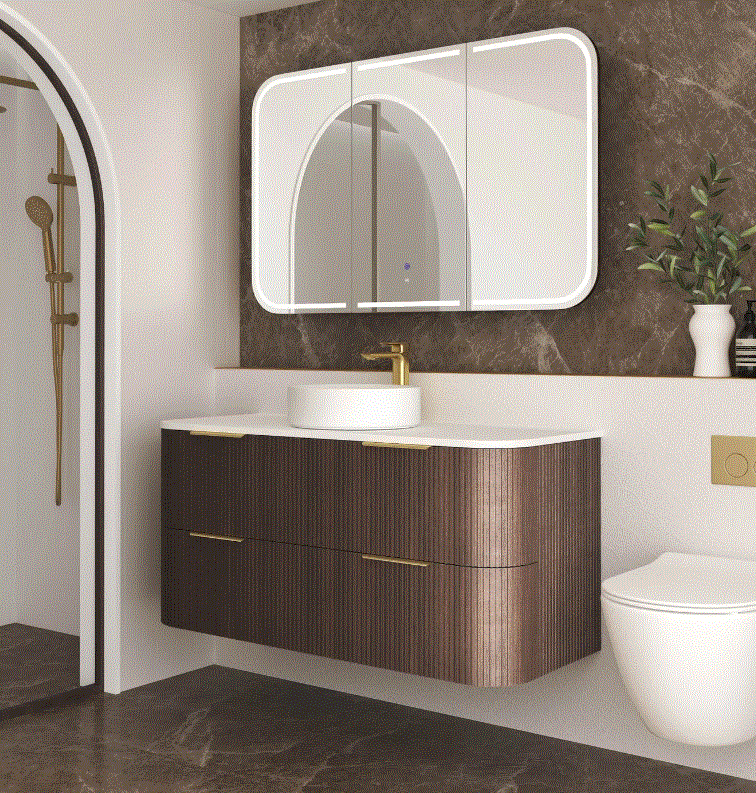 A Havana 1200mm Sable Walnut Fluted Wall Hung Fluted Curve Vanity