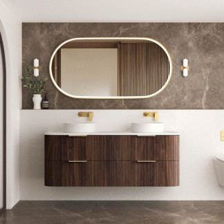 A Havana 1500mm Sable Walnut Fluted Wall Hung Fluted Curve Vanity
