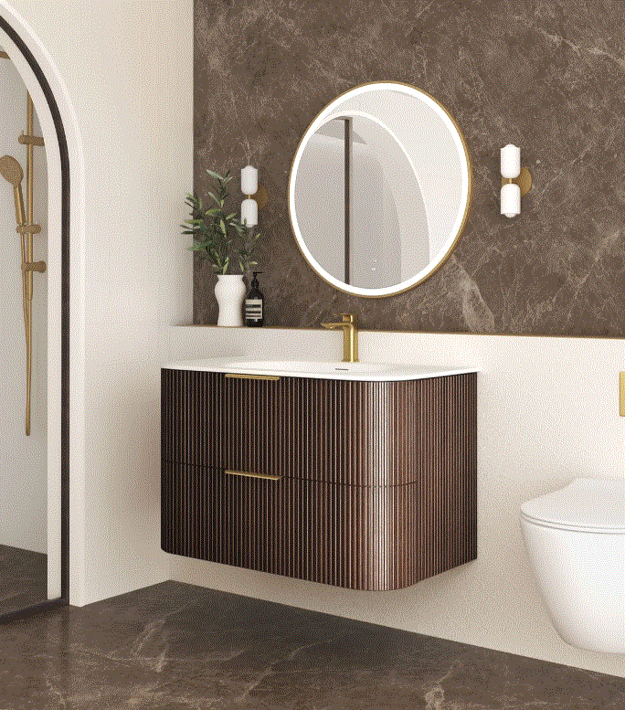 A Havana 900mm Sable Walnut Fluted Wall Hung Fluted Curve Vanity