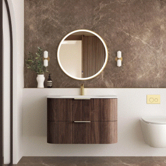A Havana 900mm Sable Walnut Fluted Wall Hung Fluted Curve Vanity