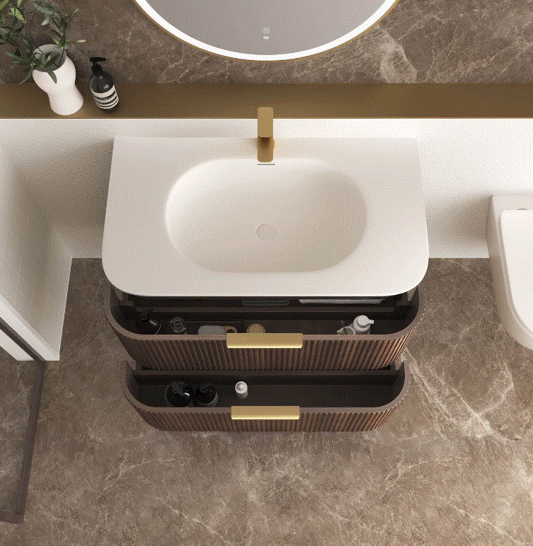 A Havana 900mm Sable Walnut Fluted Wall Hung Fluted Curve Vanity