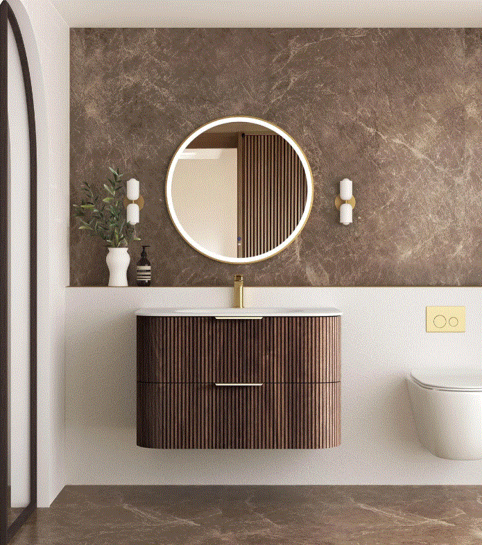 A Havana 900mm Sable Walnut Fluted Wall Hung Fluted Curve Vanity